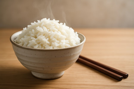 A steaming bowl of fluffy white rice served with chopsticks on a wooden tableの素材