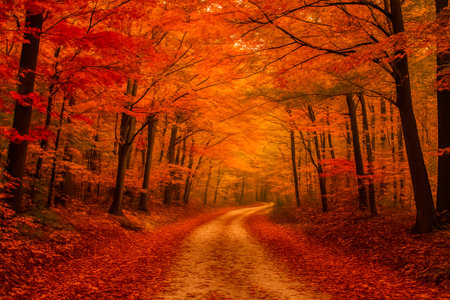 A serene dirt path surrounded by colorful autumn foliage in a forest settingの素材