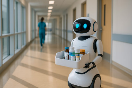 A robot carrying medication in a hospital corridor while a healthcare worker walks awayの素材