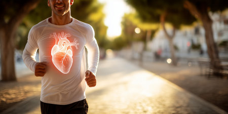 A man runs in an urban setting, displaying a glowing heart on his shirtの素材