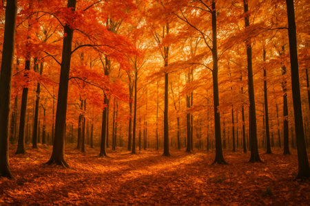 A stunning autumn forest filled with vibrant orange leaves and soft sunlight filtering through treesの素材