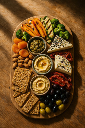 A vibrant display of cheeses, vegetables, and snacks arranged on a wooden platterの素材