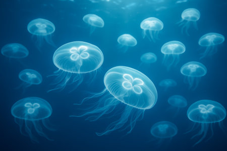 A stunning display of jellyfish gliding through tranquil deep blue ocean watersの素材