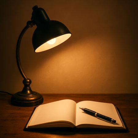 An elegant desk lamp lights an open notebook and pen on a wooden surfaceの素材