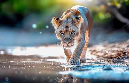 A majestic lioness walks by the water, showcasing her strength and beauty in natureの素材