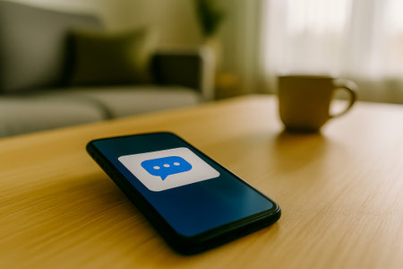 A smartphone showing a messaging app icon placed on a wooden table beside a coffee mugの素材