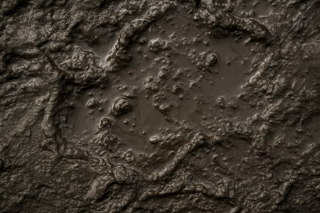 A detailed close-up image showing the rich texture of wet mud with dropletsの素材