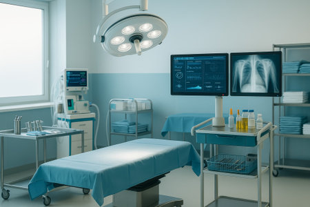 A bright and organized surgical room featuring advanced monitors and surgical instruments ready for useの素材