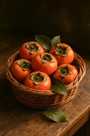 A wicker basket filled with fresh persimmons and green leaves on a wooden tableの素材