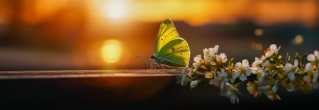 A vibrant butterfly rests on delicate flowers during a stunning sunset, creating a serene sceneの素材