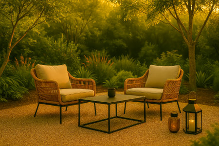 A serene seating area featuring wicker chairs and a black table in a tranquil gardenの素材