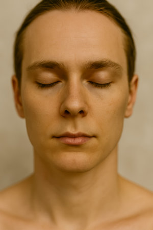 A young man with his eyes closed, portraying a sense of calm and serenityの素材