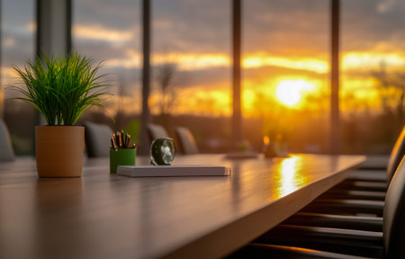 A modern conference table adorned with a plant and stationery against a sunset backdropの素材