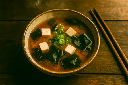 A bowl of miso soup featuring tofu cubes, seaweed, and green onions on wooden tableの素材