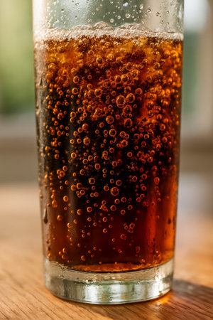 A close-up image of a glass of sparkling cola filled with bubbles and reflectionsの素材