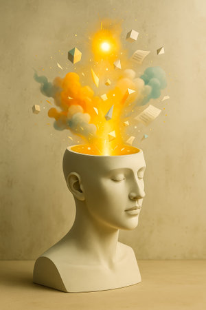 An abstract representation of creativity featuring a head with colorful elements emerging from itの素材