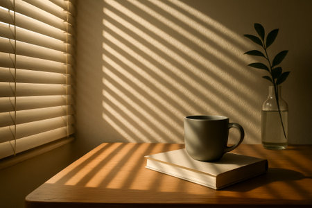 A serene indoor setting featuring a cup, book, and plant with sunlight creating beautiful shadowsの素材
