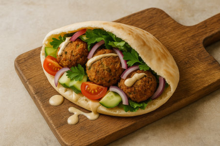 A tasty falafel wrap filled with fresh vegetables and drizzled with sauce on a wooden boardの素材