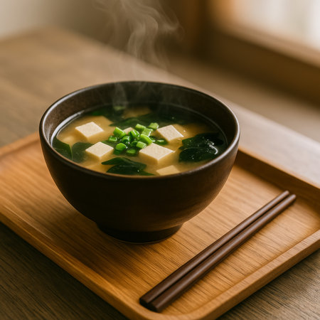 A steaming bowl of warm miso soup with tofu and green onions served on a wooden trayの素材
