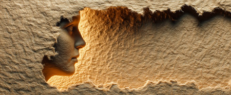 A profile silhouette of a face emerging from a textured surface with warm lightingの素材