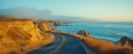 A scenic road curves along the coastline with golden cliffs and calm ocean waters at sunsetの素材