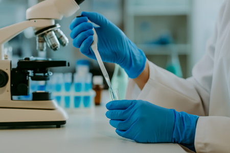A scientist in blue gloves using a pipette to transfer liquid in a laboratory settingの素材
