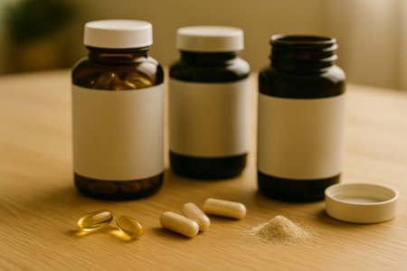 A collection of dietary supplements including capsules and powder arranged on a wooden surfaceの素材