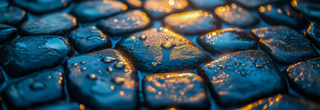 A close-up of polished cobblestones with water droplets reflecting warm light in the backgroundの素材