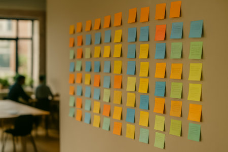 A wall filled with colorful sticky notes in an office space for brainstorming ideasの素材