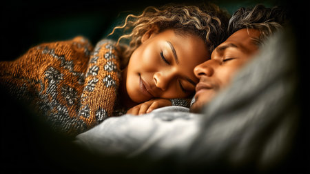 A couple peacefully cuddling together under a warm blanket, experiencing a serene and loving connectionの素材