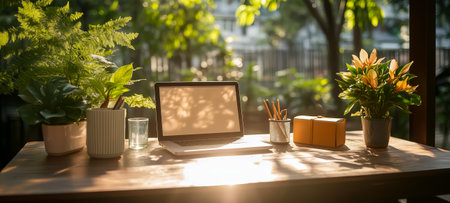 A bright workspace featuring a laptop, plants, and stationery under natural sunlightの素材