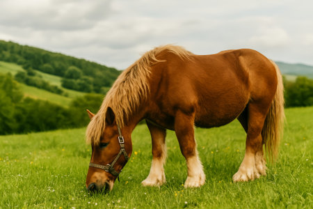A beautiful brown horse grazing in a vibrant green meadow under a cloudy skyの素材