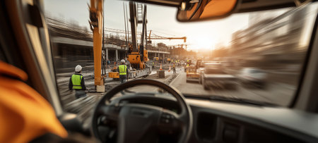 A busy construction site viewed from the perspective of a construction vehicle during sunsetの素材