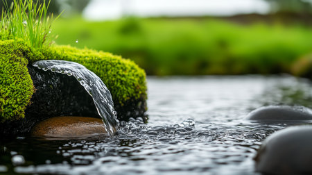 A gentle water flow cascades over moss-covered stones in a serene natural settingの素材