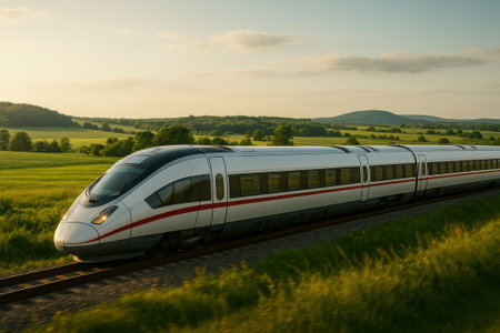 A sleek high-speed train moving swiftly across lush green fields under a clear skyの素材