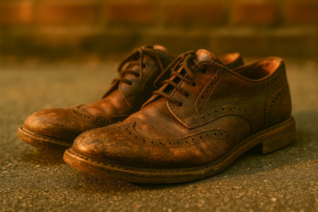 A pair of classic brown leather shoes showcasing a vintage style in warm lightingの素材