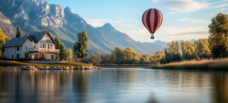 A picturesque house near a serene lake with a hot air balloon floating aboveの素材