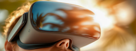 A person immersed in virtual reality, experiencing a vibrant outdoor environment with palm treesの素材