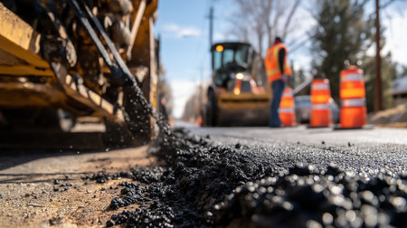 Asphalt being laid down as part of road construction, with equipment in the backgroundの素材