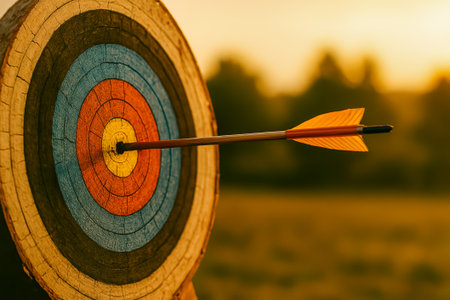 An arrow strikes the center of a colorful target in a beautiful outdoor settingの素材