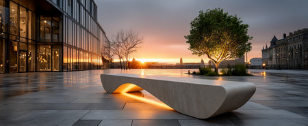 A sleek, modern bench illuminated during sunset in a contemporary urban environmentの素材