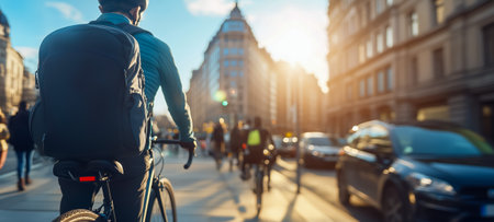 A person rides a bicycle on a busy city street during a beautiful sunsetの素材