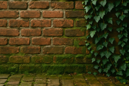 A close-up of a textured brick wall with climbing ivy and green mossの素材