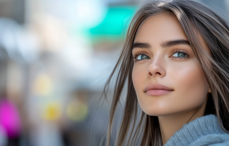 A young woman with long hair and striking blue eyes smiling in an outdoor settingの素材