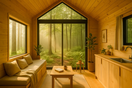 A cozy wooden interior featuring large windows overlooking a tranquil forest landscapeの素材