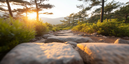 A beautiful pathway made of stones, surrounded by greenery, under a glowing sunsetの素材