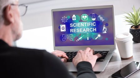 Laptop screen displaying a scientific research conceptの写真素材
