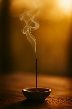 An incense stick emitting elegant smoke in a tranquil, warmly lit settingの素材