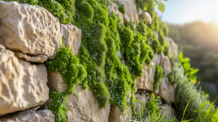 A beautiful moss-covered stone wall illuminated by sunlight, surrounded by lush greeneryの素材