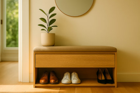 A contemporary entryway featuring a bench, shoes, and a decorative plant in a potの素材